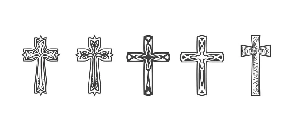 Flat Vector Black Christian Cross Icons Set Isolated on a White Background. Line Stock Illustration