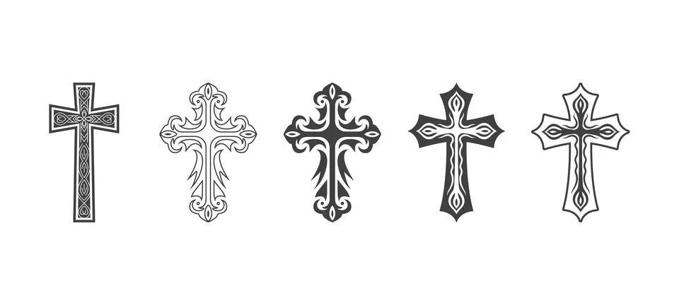 Flat Vector Black Christian Cross Icons Set Isolated on a White Background. Line Stock Illustration