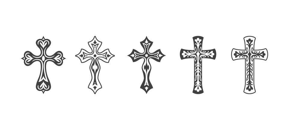 Flat Vector Black Christian Cross Icons Set Isolated on a White Background. Line Stock Illustration
