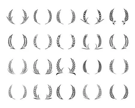 Flat Vector Black Silhouette of Circular Laurel Foliate, Wheat, Oak Wreaths Set Stock Illustration