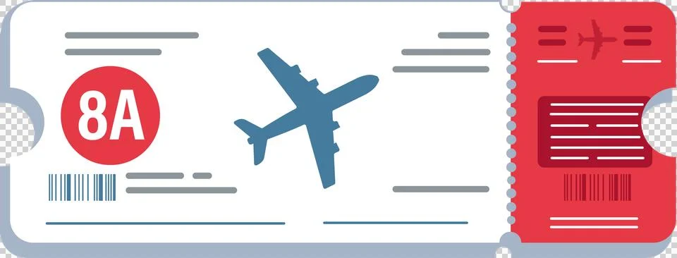 Flat vector boarding pass is showing red stub, plane icon, barcodes, transparent Stock Illustration