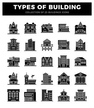 Flat vector building icons collection featuring homes. apartments. offices... Stock Illustration