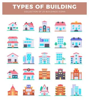 Flat vector building icons collection showing various architectural styles .. Stock Illustration