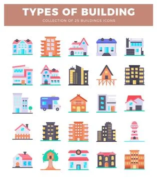 Flat vector building icons collection displayed in a grid pattern. Stock Illustration