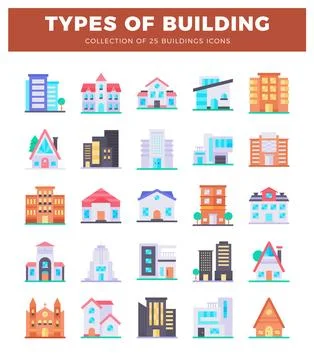 A flat vector building icons displayed against a white background. featurin.. Ilustración de archivo