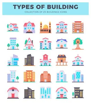 Flat vector building icons with diverse architectural styles on white backg.. Stock Illustration