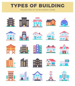 Flat vector building icons set on a white background. showcasing diverse ar.. Stock Illustration