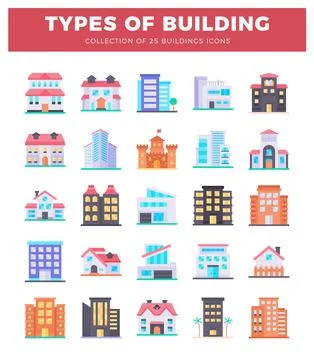 A flat vector building icons set against a white background with a red head.. Stock Illustration