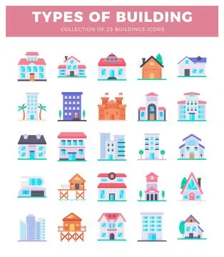 A flat vector building icons in various styles and colors. Ilustración de archivo