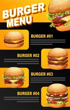 Flat vector burger menu layout with multiple sandwich options, sesame buns, a Stock Illustration