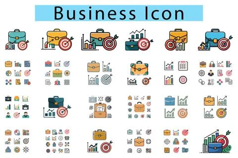 Flat vector business icon set briefcase, graph, target isolated 스톡 일러스트