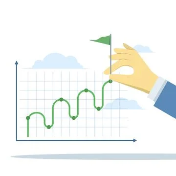 Flat vector of business team with big hand raising success flag on graph Stock Illustration