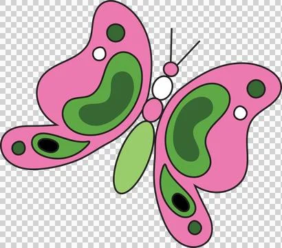 Flat vector butterfly is floating on transparent backdrop with pink wings, green Stock Illustration