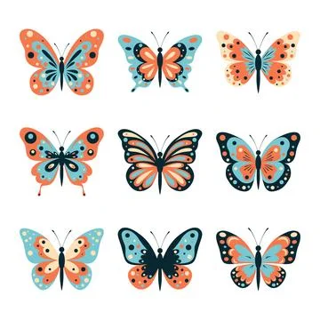 Flat Vector Butterfly Icon Set Isolated. Multicolored Butterflies Collection Stock Illustration