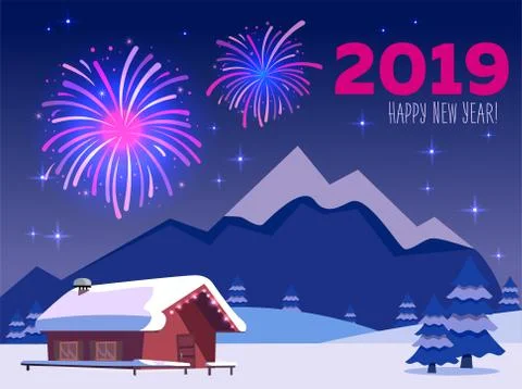 Flat vector card with fireworks over mountain landscape with country house wi 스톡 일러스트