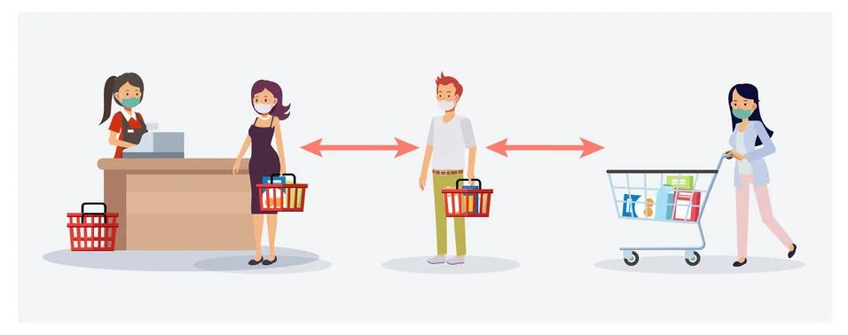 Flat vector cartoon character illustration of Social distancing in grocery st Stock Illustration