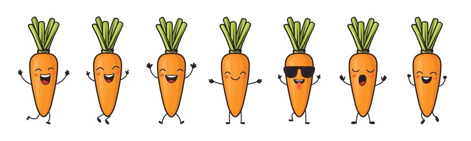 Flat Vector Cartoon Cute and Funny Carrot Character. Dancing, Smiling, Happy Illustrazione stock