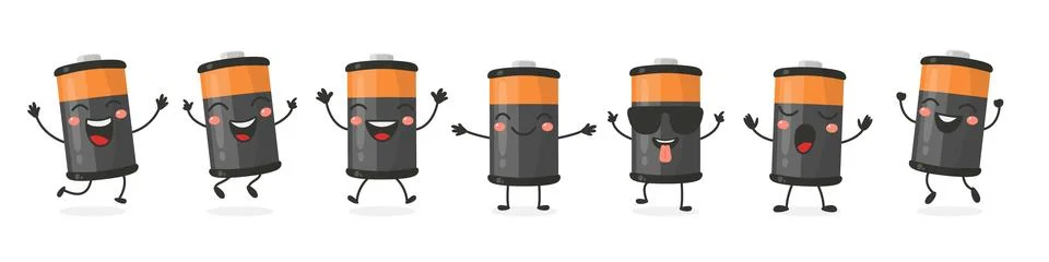 Flat Vector Cartoon Cute and Funny Battery Character. Dancing, Smiling, Happy Stock Illustration