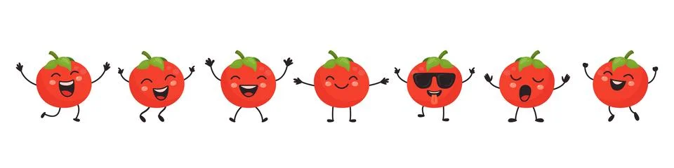 Flat Vector Cartoon Cute and Funny Tomato Character. Dancing, Smiling, Happy Stock Illustration