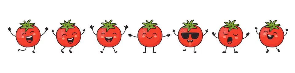 Flat Vector Cartoon Cute and Funny Tomato Character. Dancing, Smiling, Happy Stock Illustration