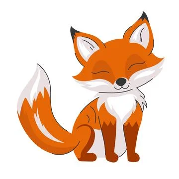 Flat vector cartoon illustration of a cute sitting red fox character isolated on Stock Illustration