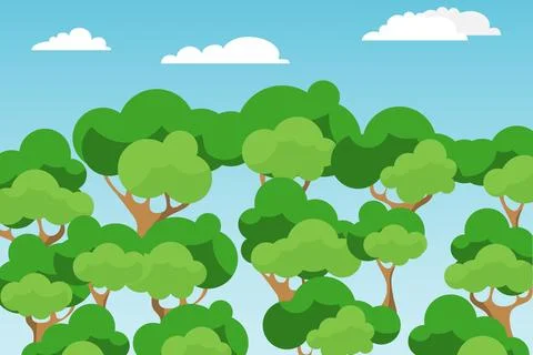Flat vector cartoon illustration of green forest tree tops and blue sky Stock Illustration