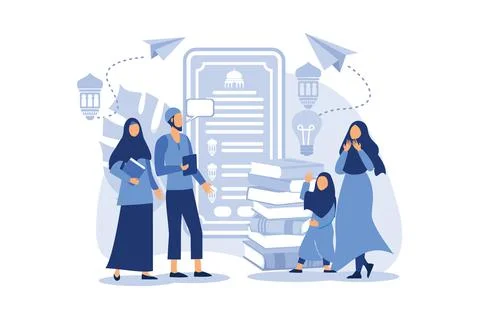 Flat vector cartoon illustration ramadhan kareem. owner introduces the applic Stock Illustration
