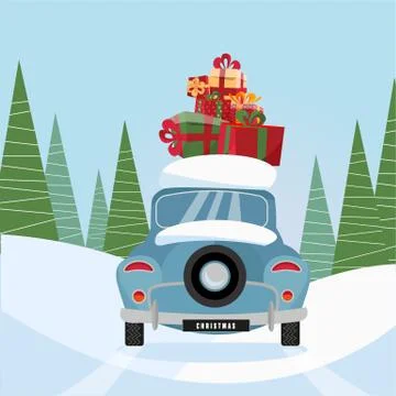 Flat vector cartoon illustration of retro car with present on the roof. Littl Stock Illustration