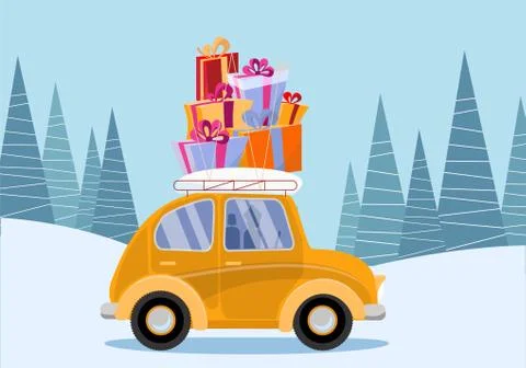 Flat vector cartoon illustration of retro car with presents, christmas tree o 스톡 일러스트