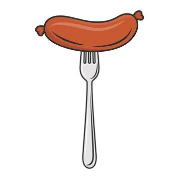Flat Vector Cartoon Sausage on Fork with Outline Closeup Isolated on White Stock Illustration