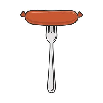 Flat Vector Cartoon Sausage on Fork with Outline Closeup Isolated on White Stock-Illustration