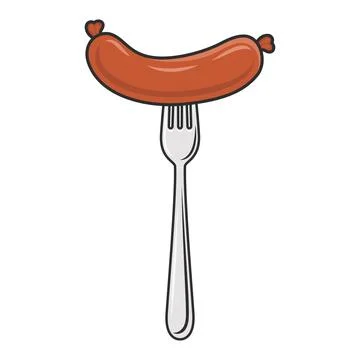 Flat Vector Cartoon Sausage on Fork with Outline Closeup Isolated on White Stock Illustration