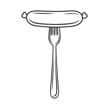 Flat Vector Cartoon Sausage on Fork with Outline Closeup Isolated on White Stock Illustration
