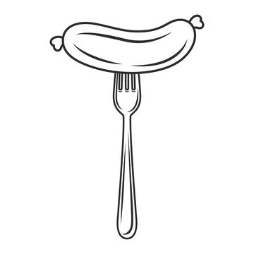 Flat Vector Cartoon Sausage on Fork with Outline Closeup Isolated on White Stock Illustration