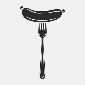 Flat Vector Cartoon Sausage on Fork with Outline Closeup Isolated on White Stock Illustration