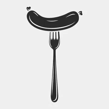 Flat Vector Cartoon Sausage on Fork with Outline Closeup Isolated on White Illustrazione stock