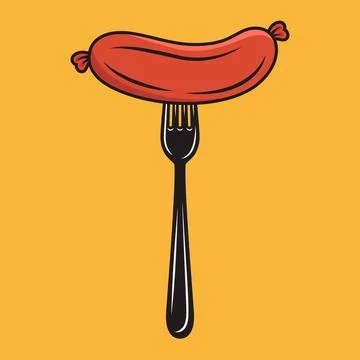 Flat Vector Cartoon Sausage on Fork. Sausage Illustration for BBQ, Food Design Stock Illustration