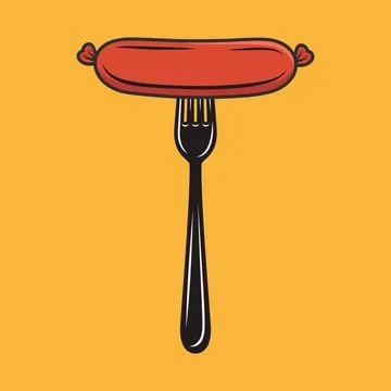 Flat Vector Cartoon Sausage on Fork. Sausage Illustration for BBQ, Food Design Stock Illustration