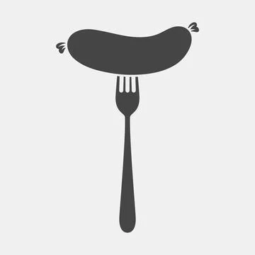 Flat Vector Cartoon Sausage on Fork with Outline Closeup Isolated on White Illustrazione stock