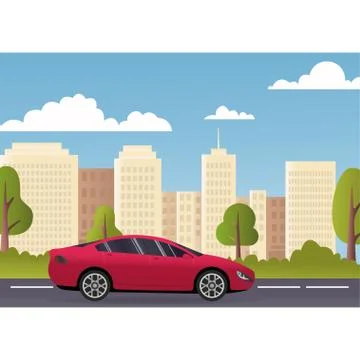 Flat vector cartoon style illustration of landscape street with electric car Stock Illustration