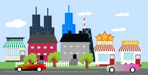 Flat vector cartoon style illustration of landscape street with cars Stock Illustration