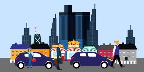 Flat vector cartoon style illustration of landscape street with cars and peoples Stock Illustration