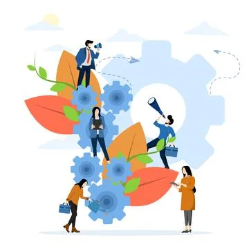 Flat vector cartoon style illustration, teamwork on finding new ideas. Illustrazione stock