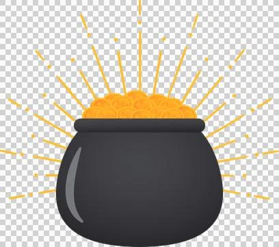 Flat vector cauldron of gold coins is glowing with radiating beams and dots, 库存插图