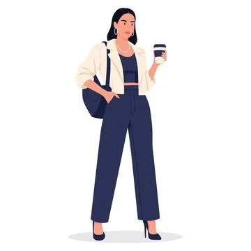 Flat vector of character female as office worker holding coffee paper cup Illustrazione stock