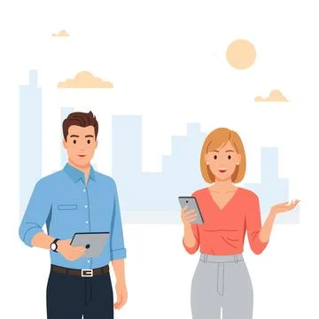 Flat vector of character office man and woman holding mobile tablet smartphon Stock Illustration