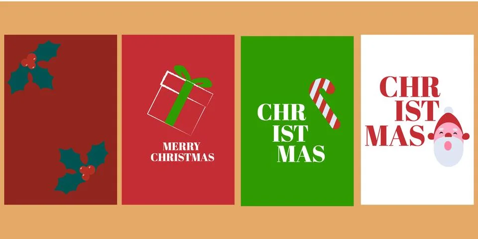 Flat Vector Christmas Greeting Card Set with Holly Gift Candy Cane and Santa Ilustração Stock