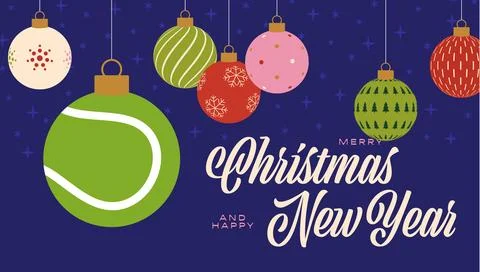 Flat vector Christmas ornaments including a unique sporty tennis ball, hang.. Stock Illustration