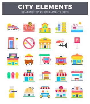 Flat vector city icons collection with urban elements Stock Illustration