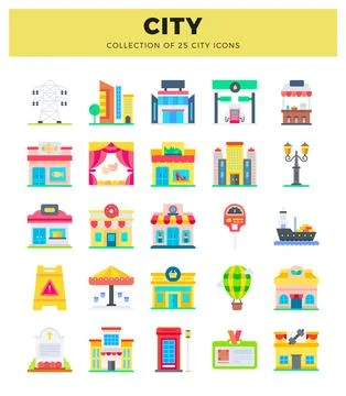 Flat vector city icons collection featuring buildings and landmarks Stockillustratie